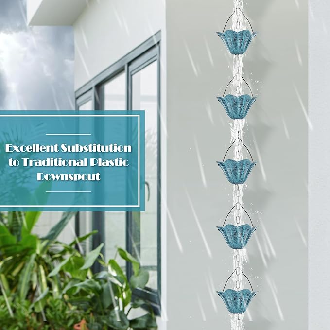 Tfro & Cile Gutter Rain Chain Blue Downspout Substitution Decorative Garden Rainwater Catcher Tulip Backyard Decor for Patio - 8 1/2 Feet Long