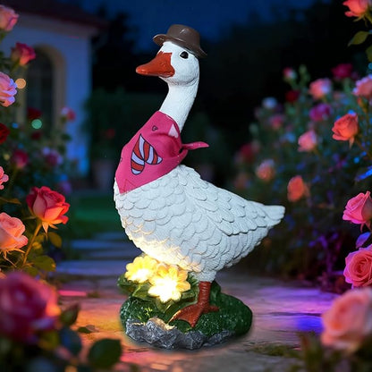 HONGLAND Solar Porch Goose Garden Statue with Glowing Flower, 10" Solar Duck Decorative Figurine for Outdoor Lawn Patio Yard Backyard Porch Ornaments - Unique Gift for Women