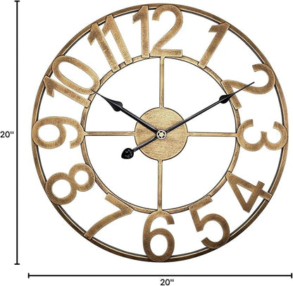 Large Outdoor Clock, 20 Inch Patio Wall Clock Silent Non-Ticking Battery, Retro Vintage Gold Metal Decorative Clock for Farmhouse Living Room, Kitchen, Office
