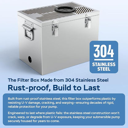 Stainless Steel Pond Filter Box with 3-Stage Filtration, Includes Filter Sponges, Ceramic Rings & Bio-Balls, Fish Pond Filter for Outdoor Ponds, Garden, Waterfall, Fountain & Water Feature