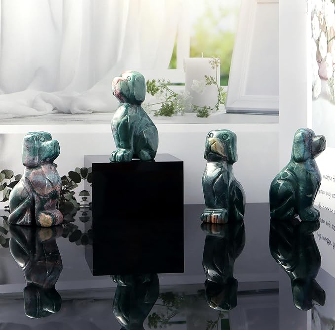 SMQ Ocean Jasper Crystal Dog Statues Home Decor Polished 2" Carved Gemstone Puppy Sculpture Healing Statue Animal Carvings Figurines Gifts