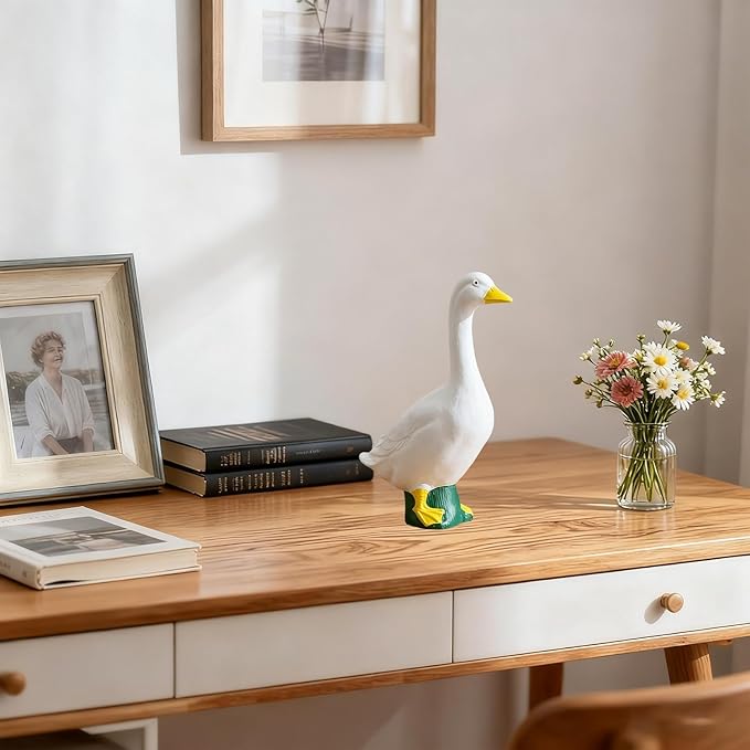7 Inch White Goose Statue Resin Figurine Lifelike Desktop Animal Ornament for Home Garden Outdoor Decor, Perfect for Porch Lawn Patio Backyard Farm Theme Decoration, Collectible Craft Sculpture