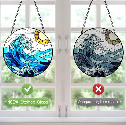 Sea Waves Sun Catchers Indoor Window - Ocean Suncatcher Stained Glass Window Hanging - 8″ Handmade Suncatchers for Windows Hanging - Home & Garden Decor Birthday Gifts for Women Men Mom Beach Lovers