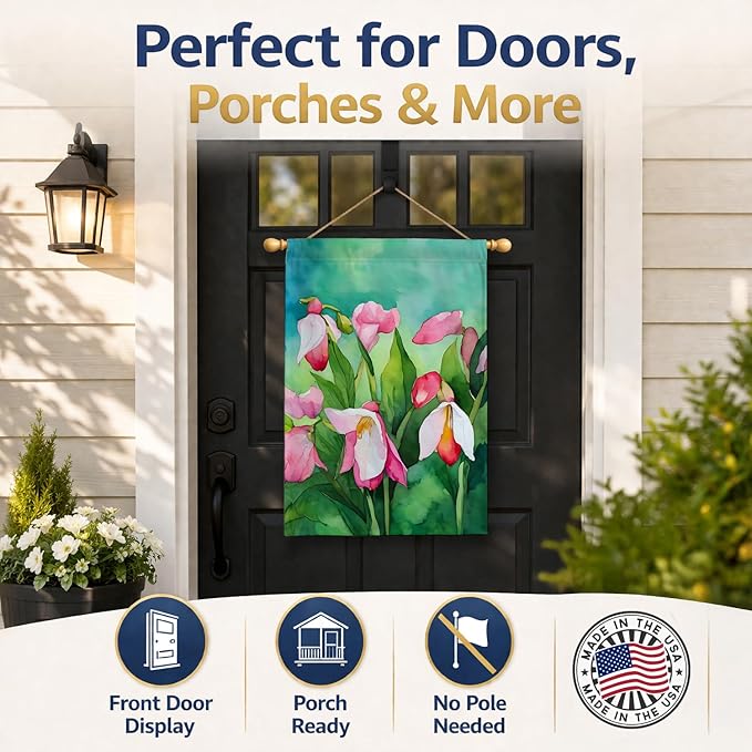 Caroline's Treasures Minnesota Pink and White Lady�s Slippers in Watercolor House Flag Large Porch Sleeve Pole Decorative Outside Yard Banner Artwork Wall Hanging, Polyester, House Size, Multicolor