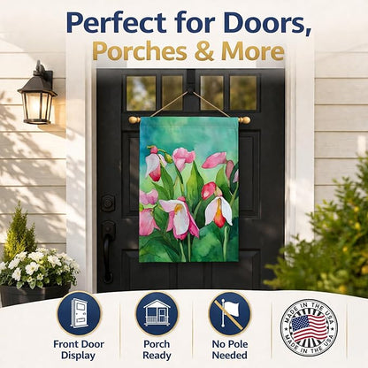 Caroline's Treasures Minnesota Pink and White Lady�s Slippers in Watercolor House Flag Large Porch Sleeve Pole Decorative Outside Yard Banner Artwork Wall Hanging, Polyester, House Size, Multicolor