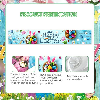 Happy Easter Banner 120" x 20" Outdoor Party Supplies Backdrop Bunny Eggs tulip Easter Banners for Home Decor Outside Indoor Garden Fence Garage Balcony Porch Tree Front Door Decorations