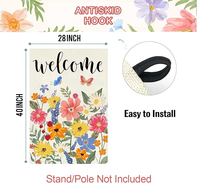Baccessor Spring Summer Welcome House Flag Double Sided 28x40 Inch Burlap,Floral Butterflies Large Garden Flag Porch Patio Front Entry Yard Seasonal Farmhouse Outside Outdoor Decor