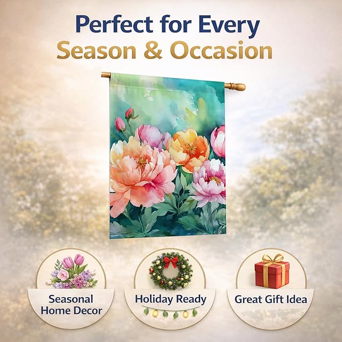 Caroline's Treasures Indiana Peonies in Watercolor House Flag Large Porch Sleeve Pole Decorative Outside Yard Banner Artwork Wall Hanging, Polyester, House Size, Multicolor
