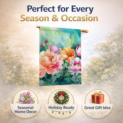 Caroline's Treasures Indiana Peonies in Watercolor House Flag Large Porch Sleeve Pole Decorative Outside Yard Banner Artwork Wall Hanging, Polyester, House Size, Multicolor
