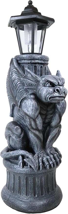 Ebros Faux Stone Gothic Crouching Winged Gargoyle Statue with Solar LED Lantern Light Post 20" Tall Decor Figurine