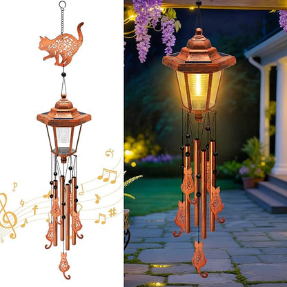Large Solar Cat Wind Chimes with Wind Catcher/Solar Decor Light to Create a Zen Atmosphere Decor for Outdoor Garden Patio Balcony, Classic Bronze Wind Chimes, Gifts for Mom Grandma Women Wife Daughter