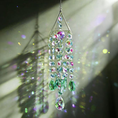 Green & Iridescent Crystal Suncatcher Prism, Handmade Gold-Plated Frame with K9 Crystal Beads, Window Hanging Decor for Home, Garden, Wedding