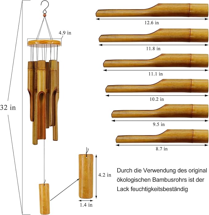 Bamboo Wind Chimes Outdoor,Wooden Wind Chimes with Melody Deep Tone,30" Classic Zen Garden Windchime for Relaxation, Grace.Home Décor for Patio, Garden or Indoor(FSC Certified)