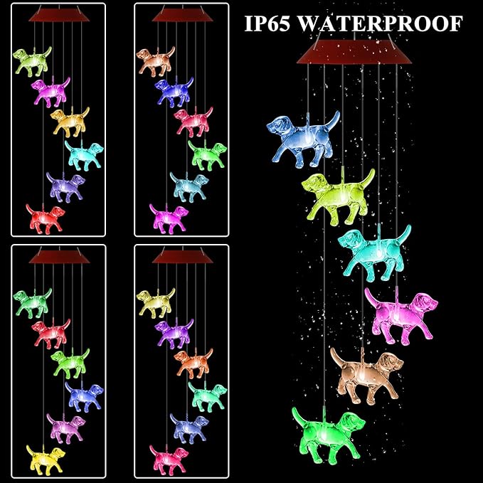 Dog Solar Wind Chimes for Outside Colors Changing Lights Outdoor Waterproof Multicolor Wind Chime Gifts for Mom Grandma Mobile Hanging Windchimes for Garden Party Yard Window Decor