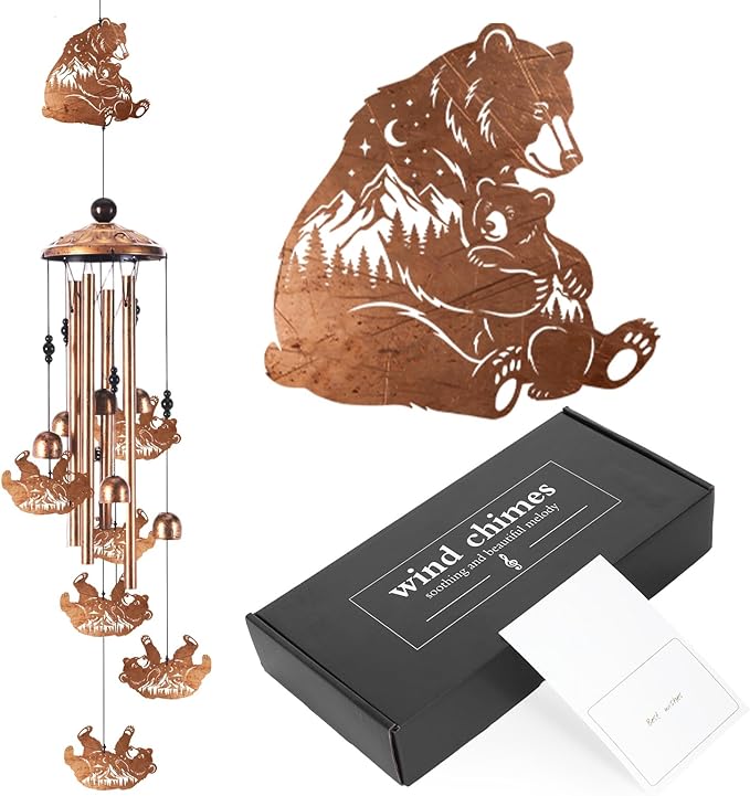 Bear Wind Chimes for Outside, Memorial Wind Chimes with Card & Gift Box, Antique Metal Bear Decor for Garden Patio Porch, Unique Sympathy Bear Gifts for Women Mom Grandma
