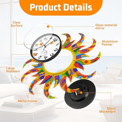 25-Inch Sun-Shaped Outdoor Clock and Thermometer Set, 10-Inch Dial, Battery Powered, Waterproof, Silent Quartz Movement (Colorful)