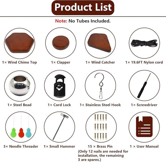 Wind Chime Kit 28 PCS Wind Chime Replacement Parts Including Hexagon Top, Clapper, Wind Catcher, 19.6FT Nylon Cord, DIY Wood Windchime Supplies (Brown)