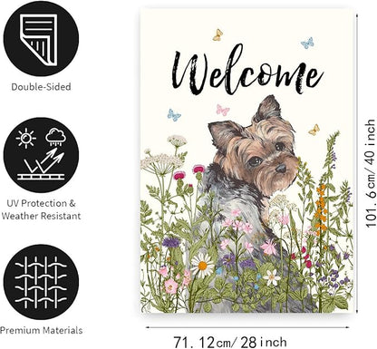 Floral Yorkie Garden Flag Spring Summer House Flags 28 x 40 Double Sided Flower Dog Yard Flags for Outside Large Outdoor Welcome Flags
