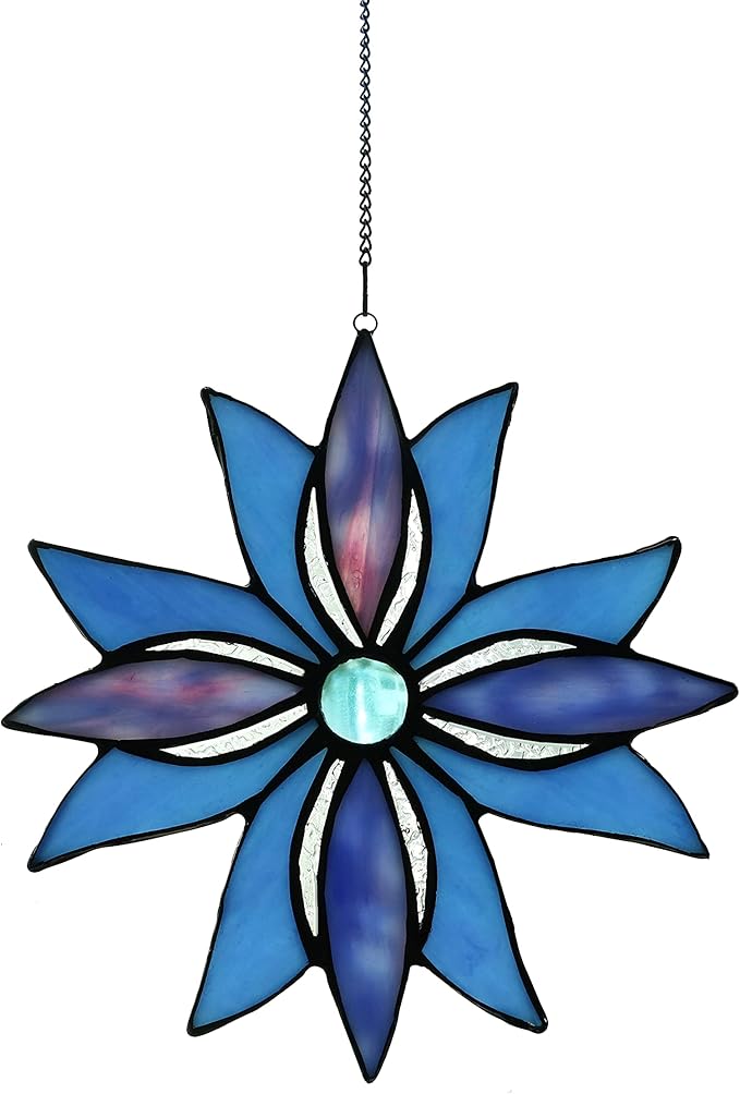 Stained Glass Window Panels,Flower Handmade Art Crafts Suncatcher for Window or Wall (Indigo starflower)