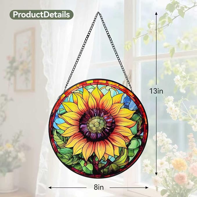 Stained Glass Window Hanging Sunflower Sun Catcher Indoor, Stained Glass Suncathers, Sunflower Gifts for Women,Mom, Grandma and Wife Inspirational Sympathy Gifts 7.8’’ Yellow