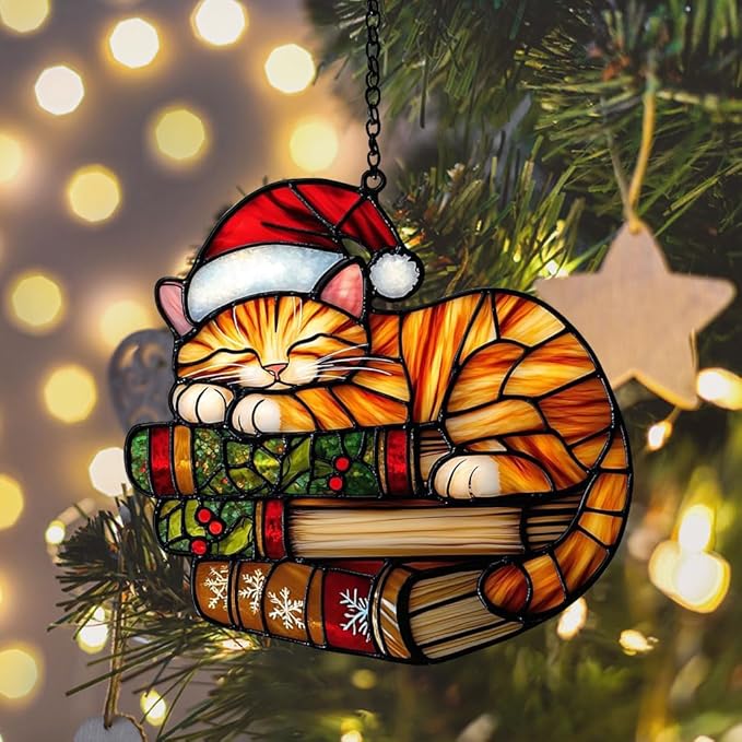 Cute Sleeping Cat Santa Claus Hat Acrylic Suncatcher Stained Glass Effect Window Car Hanging Christmas Ornament Indoor Outdoor Decor Garden Sun Catcher Panel Gifts for Cat Lover for Women Mom Grandma