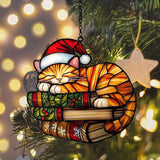 Cute Sleeping Cat Santa Claus Hat Acrylic Suncatcher Stained Glass Effect Window Car Hanging Christmas Ornament Indoor Outdoor Decor Garden Sun Catcher Panel Gifts for Cat Lover for Women Mom Grandma