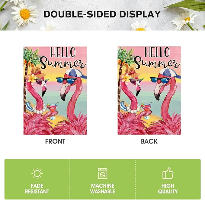 AVOIN colorlife Flamingo Hello Summer House Flag 28x40 Inch Double Sided, Welcome Seasonal Holiday Burlap Yard Outdoor Decoration