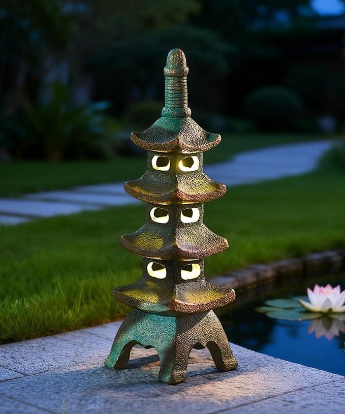 Nacome Solar Pagoda Garden Statues: 15.7 inches Multi-Layer Outdoor Waterproof Resin Zen Decor for Landscape Balcony Patio Porch Yard Ornament(Bronze)