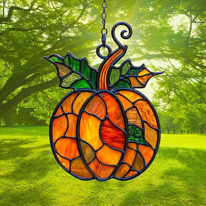 Pumpkin Acrylic Suncatcher Stained Glass Effect Window Car Hanging Christmas Ornament Indoor Outdoor Decor Garden Sun Catcher Panel for Acrylic Suncatcher Lover for Women Mom Grandma