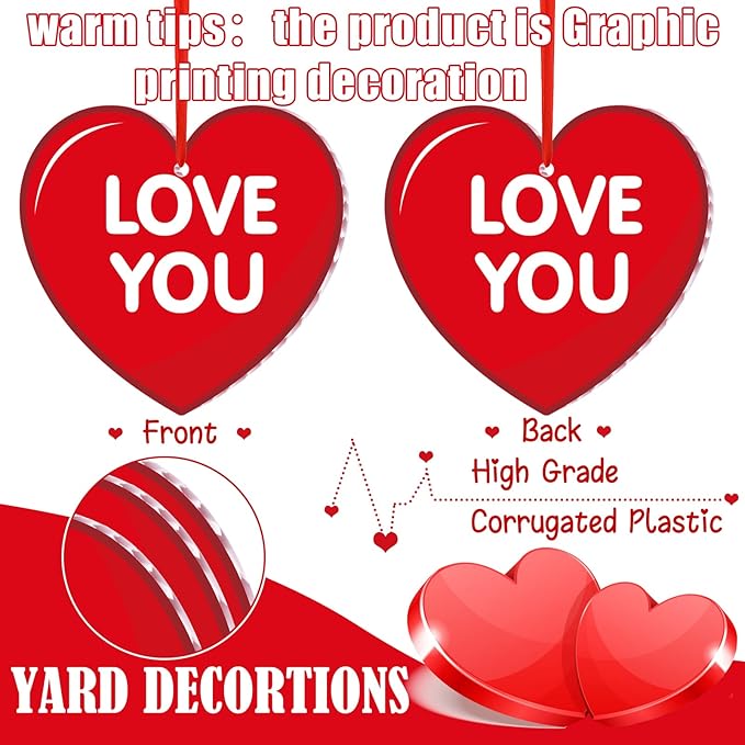 Rtteri 30 Pieces Valentine's Day Outdoor Hanging Heart Ornaments 6 Inch Romantic Conversation Hearts Double-Sided Plastic Lawn Heart Hanging Decor for Valentine Wedding Porch Tree Yard Lawn Decor