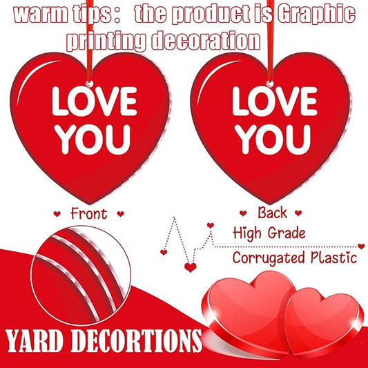 Rtteri 30 Pieces Valentine's Day Outdoor Hanging Heart Ornaments 6 Inch Romantic Conversation Hearts Double-Sided Plastic Lawn Heart Hanging Decor for Valentine Wedding Porch Tree Yard Lawn Decor