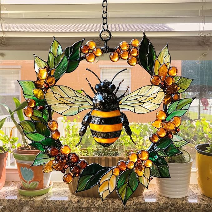 Bee Floral Wreath Acrylic Suncatcher Stained Glass Effect Window Car Hanging Christmas Ornament Indoor Outdoor Decor Garden Sun Catcher Panel for Bee Lover for Women Mom Grandma