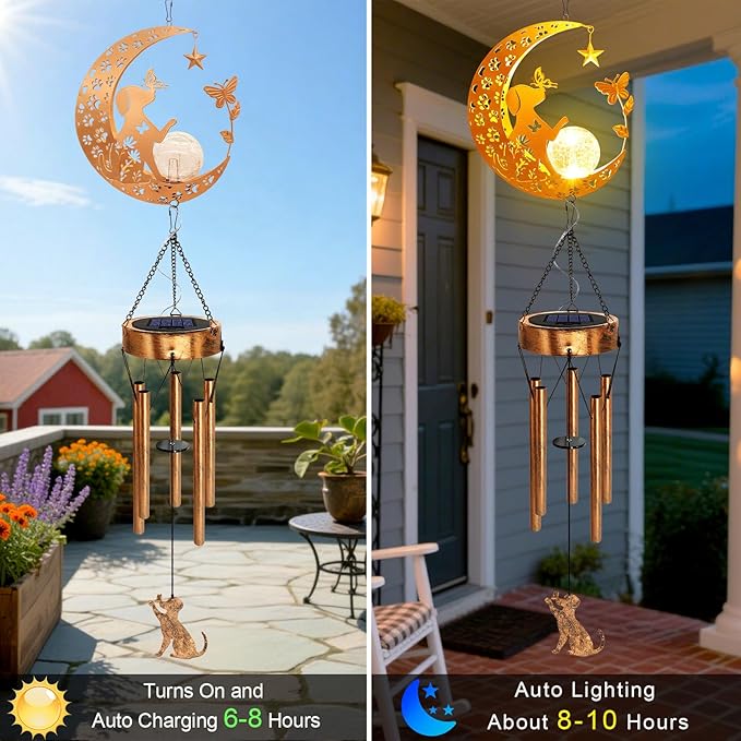 2Pack Solar Moon Dog Wind Chimes for Outside, Dog Lover Gifts for Mom Women Men Birthday Mothers Day, Hanging Outdoor Decor Cracked Glass Ball Memorial Wind Chimes for Garden Porch