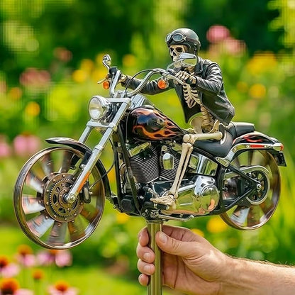 Skeleton Motorcycle Wind Spinner, Biker Skull Windmill Stake with Rotating Wheels for Patio Yard Garden, Unique Resin Outdoor Sculptures Ornament Gift for Friends Motorcycle Lovers