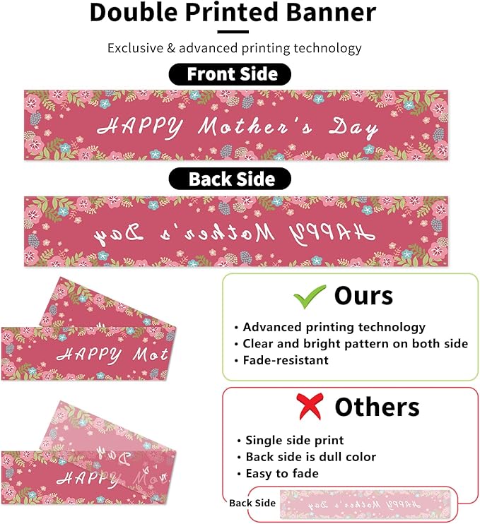 Probsin Large Happy Mother's Day Banner Decorations 120x20 Inch Mothers Day Yard Sign Holiday Hanging Outdoor Decor Pink Flowers Party Supplies for Indoor Outdoor Garden Fence Balcony Lawn Home Decor