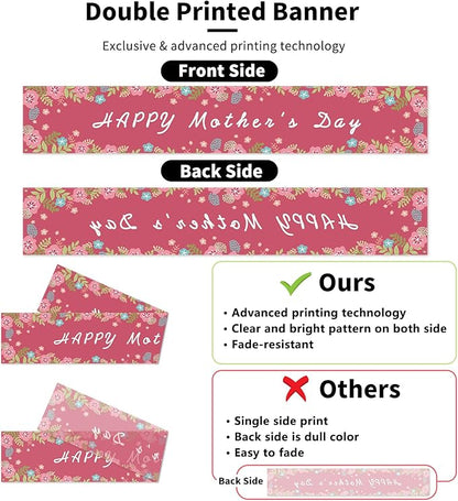 Probsin Large Happy Mother's Day Banner Decorations 120x20 Inch Mothers Day Yard Sign Holiday Hanging Outdoor Decor Pink Flowers Party Supplies for Indoor Outdoor Garden Fence Balcony Lawn Home Decor