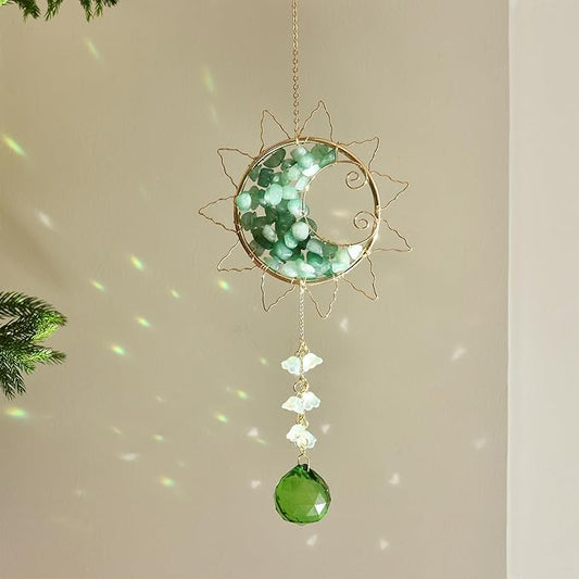 Hanging Sunlight Catcher, Sun & Moon Crystal Suncatcher, Crystal Hanging Ornament, Hanging Crystals for Decoration, Festival Gift, Window Decoration (Green)