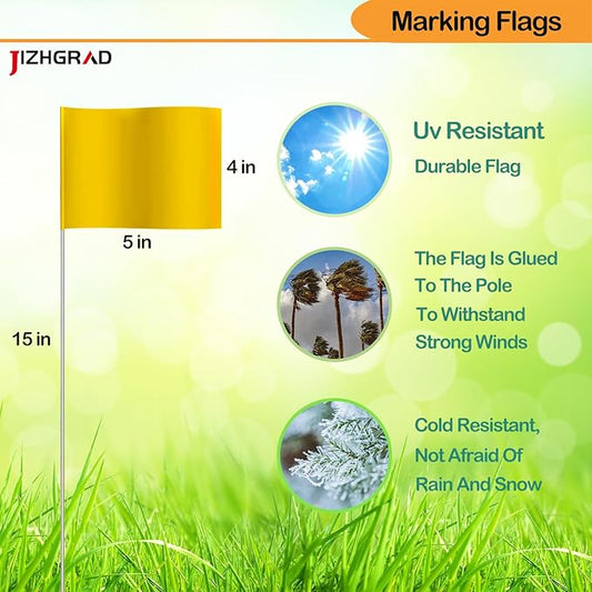 50Pack Yellow Marking Flags, JIZHGRAD 15x4x5 Inch Marker Flags Use for Yard & Lawn, Boundary & Dog Training, Survey & Landscape, Sprinkler & Surveyor, Garden & Construction, High Visibility, Sturdy, Versatile, UV & Weather Resistant