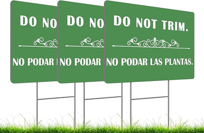 3 Pcs 12x8 Inches Corrugated Plastic Do Not Trim Yard Signs with Metal Stakes - Bilingual Plastic Plant Signs or Garden Markers for Outdoor Lawn - Double Sided No Trim or Mow Signs