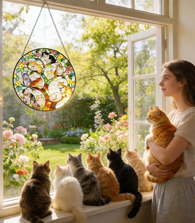 Stained Glass Window Hanging - A Few Kittens in Colorful Tree of Life on a Branch Suncatcher for Doors Home Decoration and Christmas, Mother's Day Birthday for Women Men Mom 7.8 * 7.8 inch