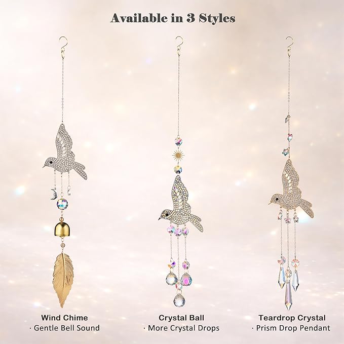 Hummingbird Crystal Suncatcher for Window Hanging, Rainbow Maker Prism Ornament with Hook, Sparkling Sun Catcher Decor for Home, Patio, Garden, Bird Lover Gift (Wind Chime)
