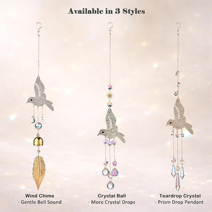 Hummingbird Crystal Suncatcher for Window Hanging, Rainbow Maker Prism Ornament with Hook, Sparkling Sun Catcher Decor for Home, Patio, Garden, Bird Lover Gift (Wind Chime)