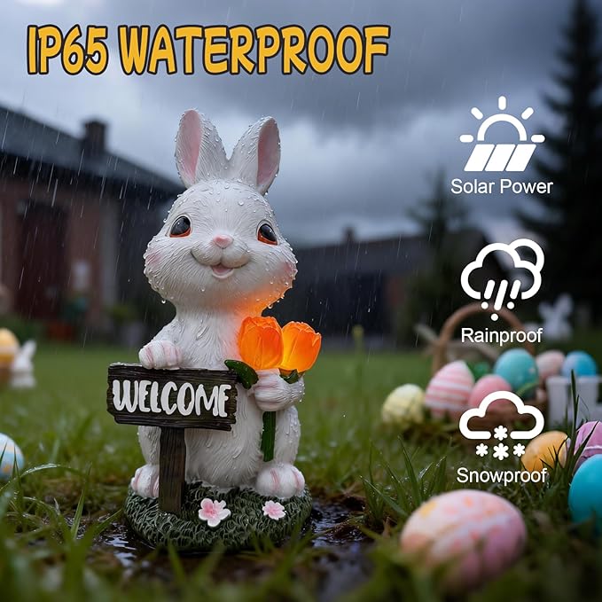 BeePeep Solar Easter Rabbit Garden Statue with LED Lights - Waterproof Resin Bunny Figurine Outdoor Decor for Yard, Patio & Lawn - Unique Hand-Painted Birthday, for Mom & Grandma (9 Inch)
