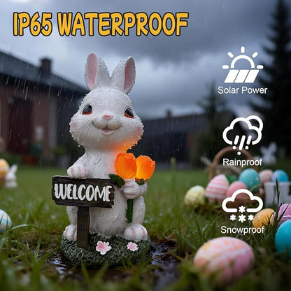 BeePeep Solar Easter Rabbit Garden Statue with LED Lights - Waterproof Resin Bunny Figurine Outdoor Decor for Yard, Patio & Lawn - Unique Hand-Painted Birthday, for Mom & Grandma (9 Inch)