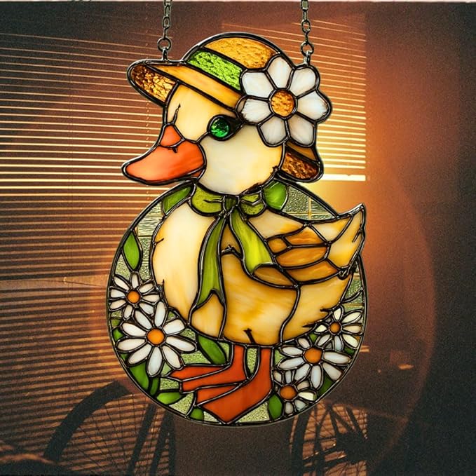 Mosaic Floral Daisy Duck Easter Acrylic Suncatcher Stained Glass Effect Window Car Hanging Christmas Ornament Indoor Outdoor Decor Garden Sun Catcher Panel for Easter Lover for Women Mom Grandma