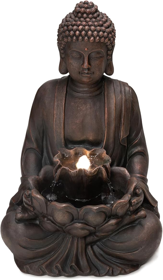 Glitzhome Buddha Statue 23" H, Outdoor Buddha Statue Zen Style Buddha Fountian with LED Light & Pump Polyresin Outdoor Floor Freestanding Fountain Garden Buddha Sculptures & Statues Lawn Décor