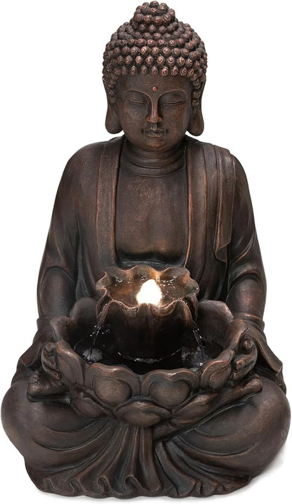 Glitzhome Buddha Statue 23" H, Outdoor Buddha Statue Zen Style Buddha Fountian with LED Light & Pump Polyresin Outdoor Floor Freestanding Fountain Garden Buddha Sculptures & Statues Lawn Décor