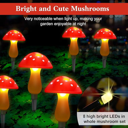 ReyeeInc Mushroom Solar Lights Outdoor Waterproof, Whimsical and Cute Solar Mushrooms Stake Lights for Outside with 8 Lights and 8 Modes for Fariy Garden Yard Lawn Path Planter Flower Bed Decor (Red)
