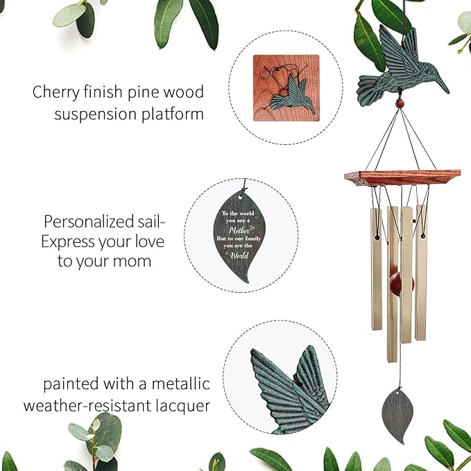 ASTARIN Personalized Wind Chimes for Mother's Day,Customized Wind Chime Outdoor Deep Tone,Hummingbird Wind Chimes,Custom Gift for Mom,Grandma, from Daughter,Son