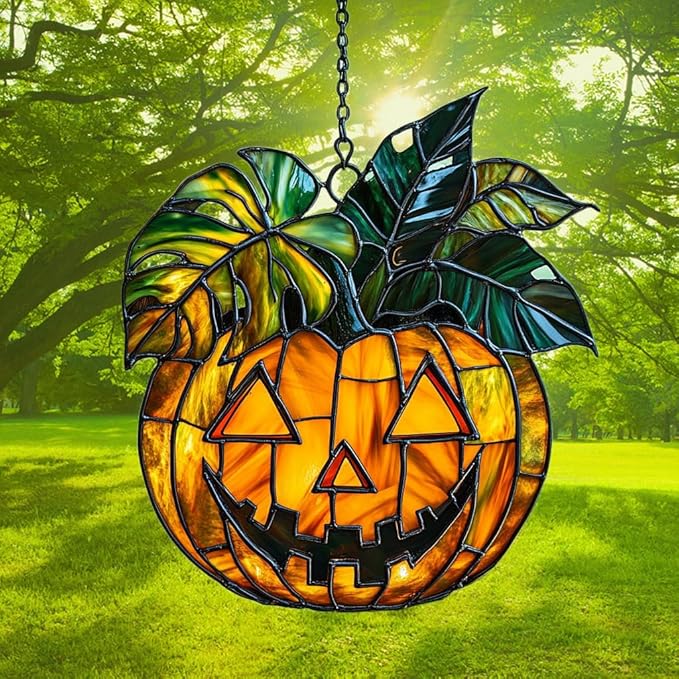 Monstera Jack-o'-Lantern Acrylic Suncatcher Stained Glass Effect Window Car Hanging Christmas Ornament Indoor Outdoor Decor Garden Sun Catcher Panel for Monstera Lover for Women Mom Grandma
